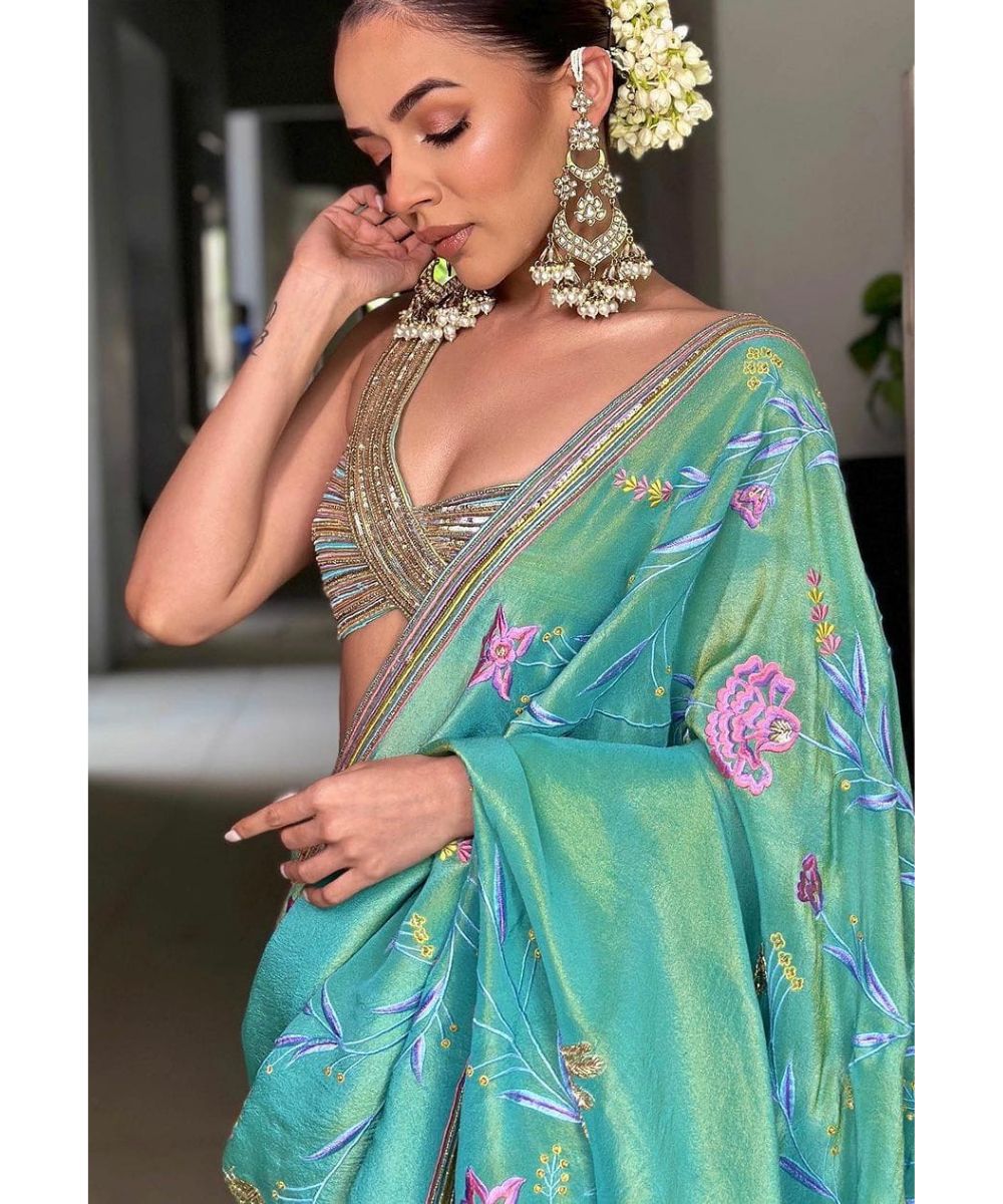AASTHA SOOD - Aqua Silk Tissue Saree with Pink and Gold Embroidery